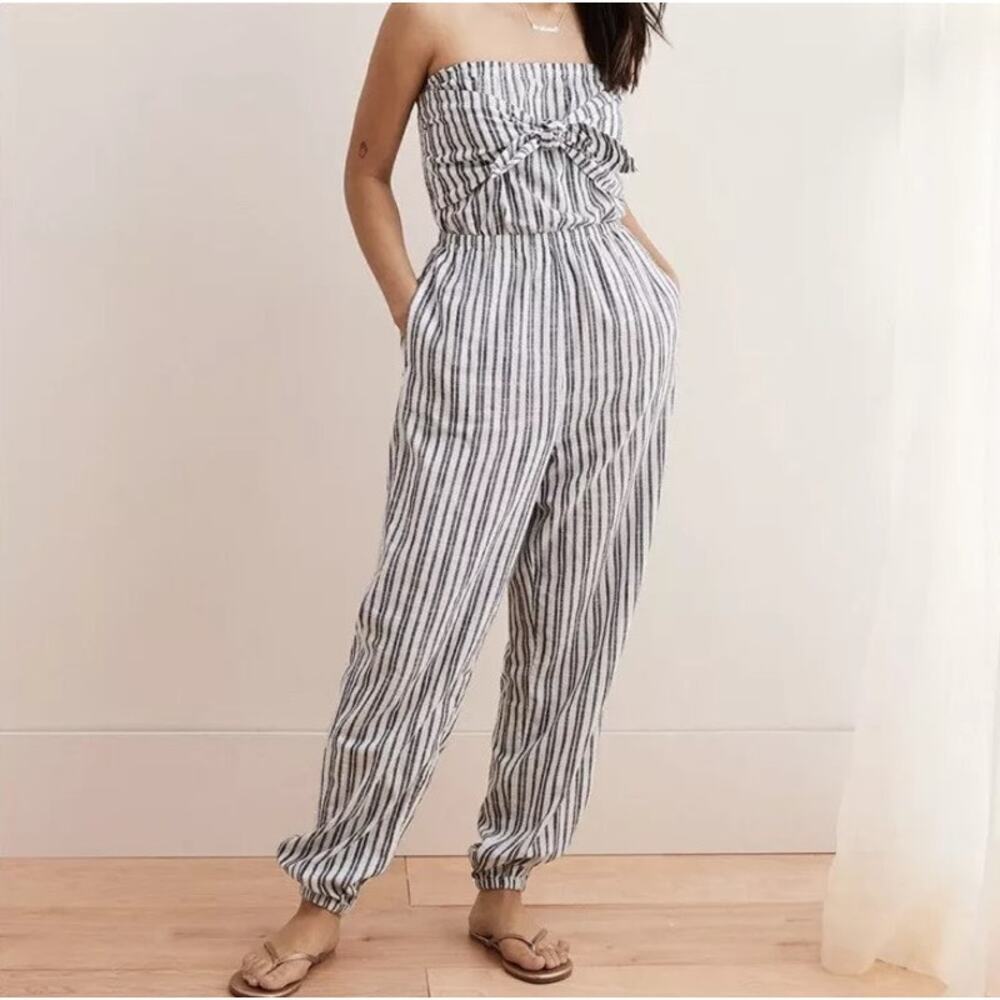 Aerie Strapless Jumpsuit Tie Front Pockets Blue White - Size XS